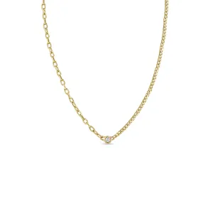 14k Floating Diamond Mixed XS Curb Chain & Small Square Oval Chain Necklace