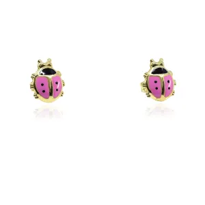 14K YELLOW GOLD PINK AND BLACK ENAMEL LADYBUG STUD EARRINGS