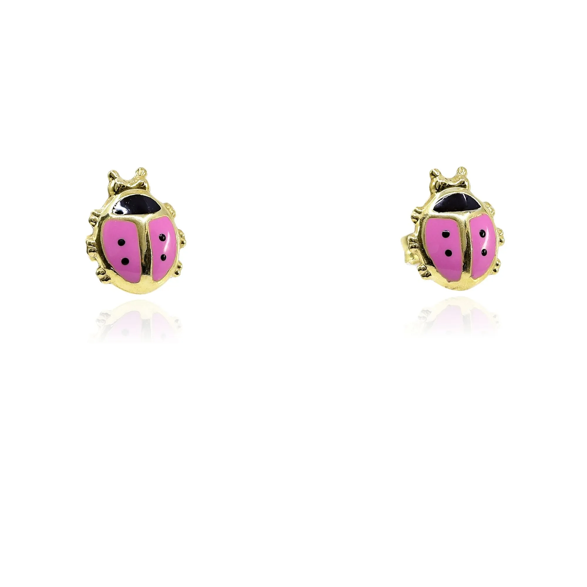 14K YELLOW GOLD PINK AND BLACK ENAMEL LADYBUG STUD EARRINGS