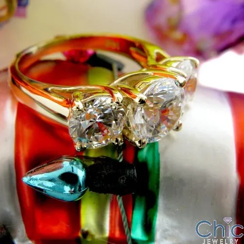 3 Stone Ring 2 Ct Round Center 1 Ct Round each Side Cubic Zirconia White / Yellow Gold Ring