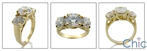 3 Stone Ring 2 Ct Round Center 1 Ct Round each Side Cubic Zirconia White / Yellow Gold Ring