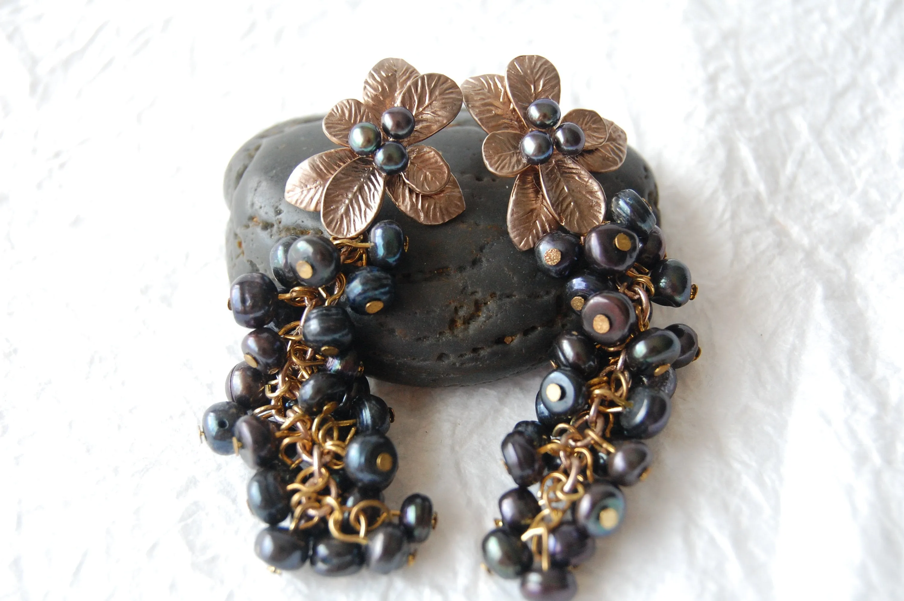 Black Pearl & Bronze Flower Post Long Elegant Drop Earrings, Caviar Earrings