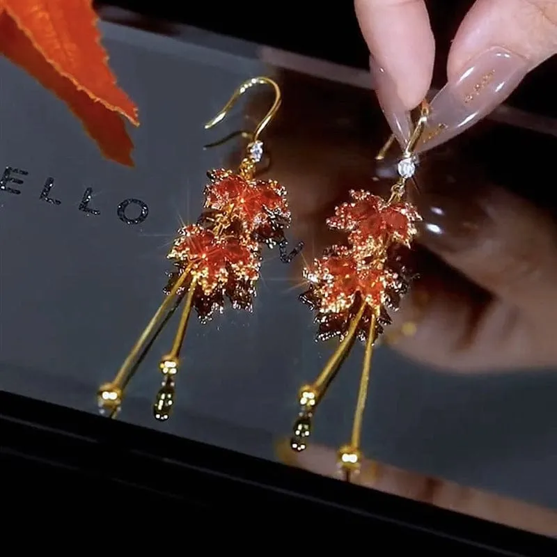 Chic Maple Leaf Chain Tassel Earrings