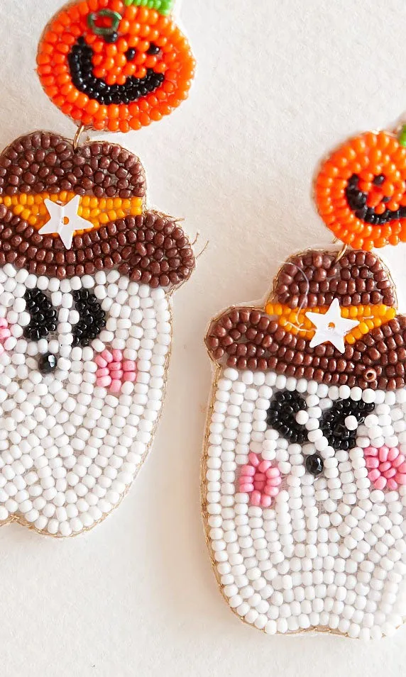 Cowboy Ghost Dangle | Beaded Halloween Ghost and Pumpkin Earring
