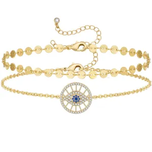 Dainty 14k Gold Plated Layering Evil Eye Anklets Set- Round Eyes Sequin