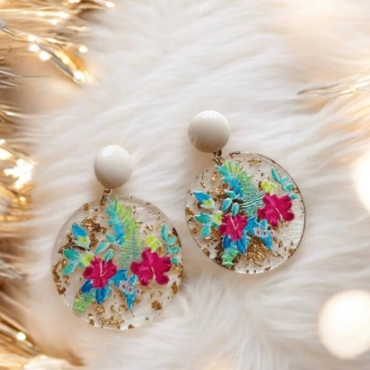 Geometric - Clear floral circle shaped earrings with gold flakes | colourful flower dangle earrings | oriental decor drop earrings| cute kawaii earrings