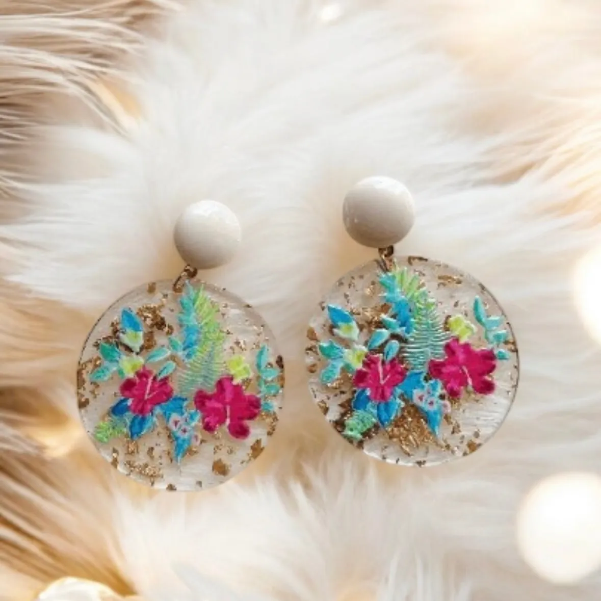 Geometric - Clear floral circle shaped earrings with gold flakes | colourful flower dangle earrings | oriental decor drop earrings| cute kawaii earrings