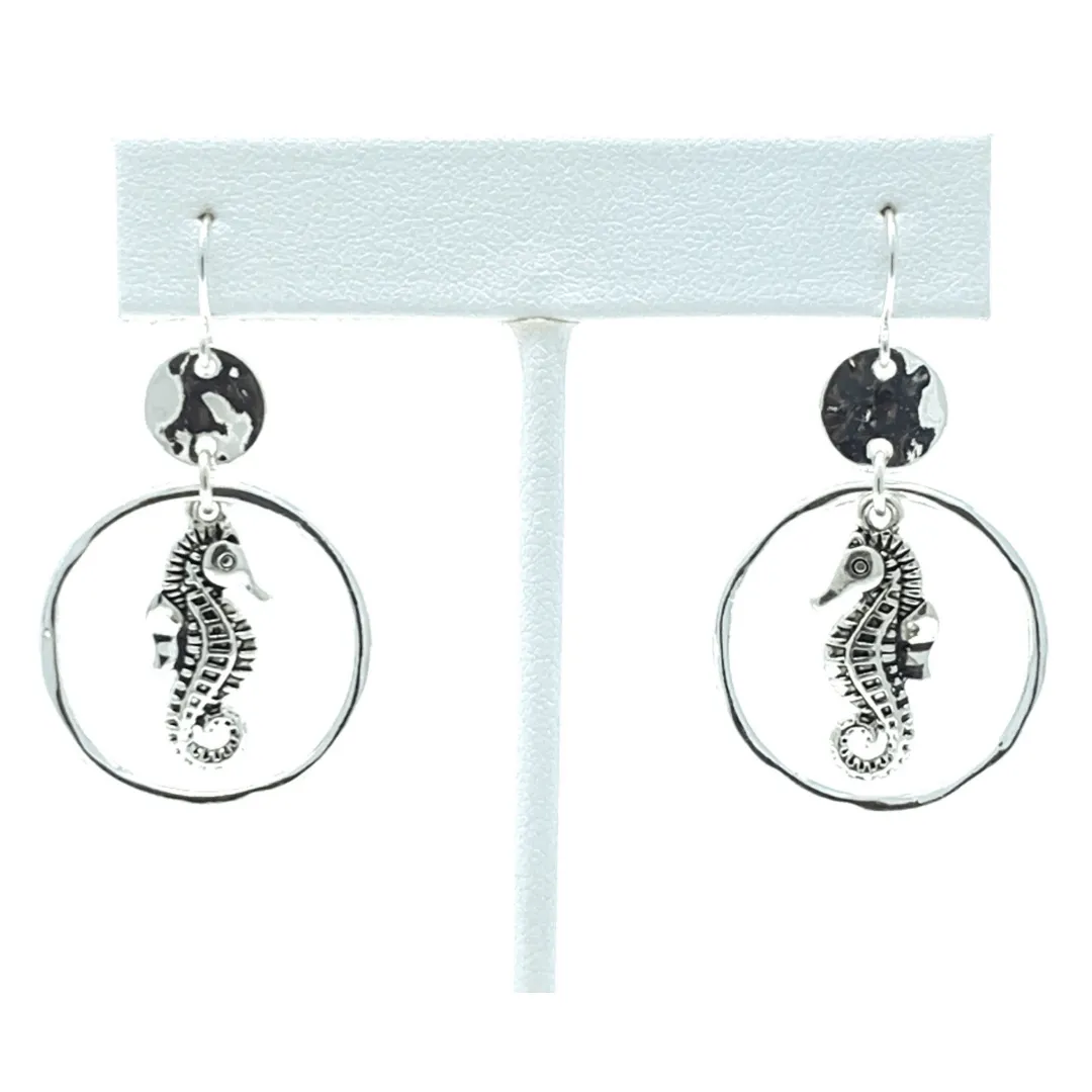 Hammered Circle Hoop Silver Seahorse Earrings