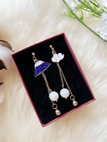 Kawaii - Fuji mountain earrings |Kawaii cute chain earrings | japanese art colourful dangle earrings | mismatch flower celestial garden style
