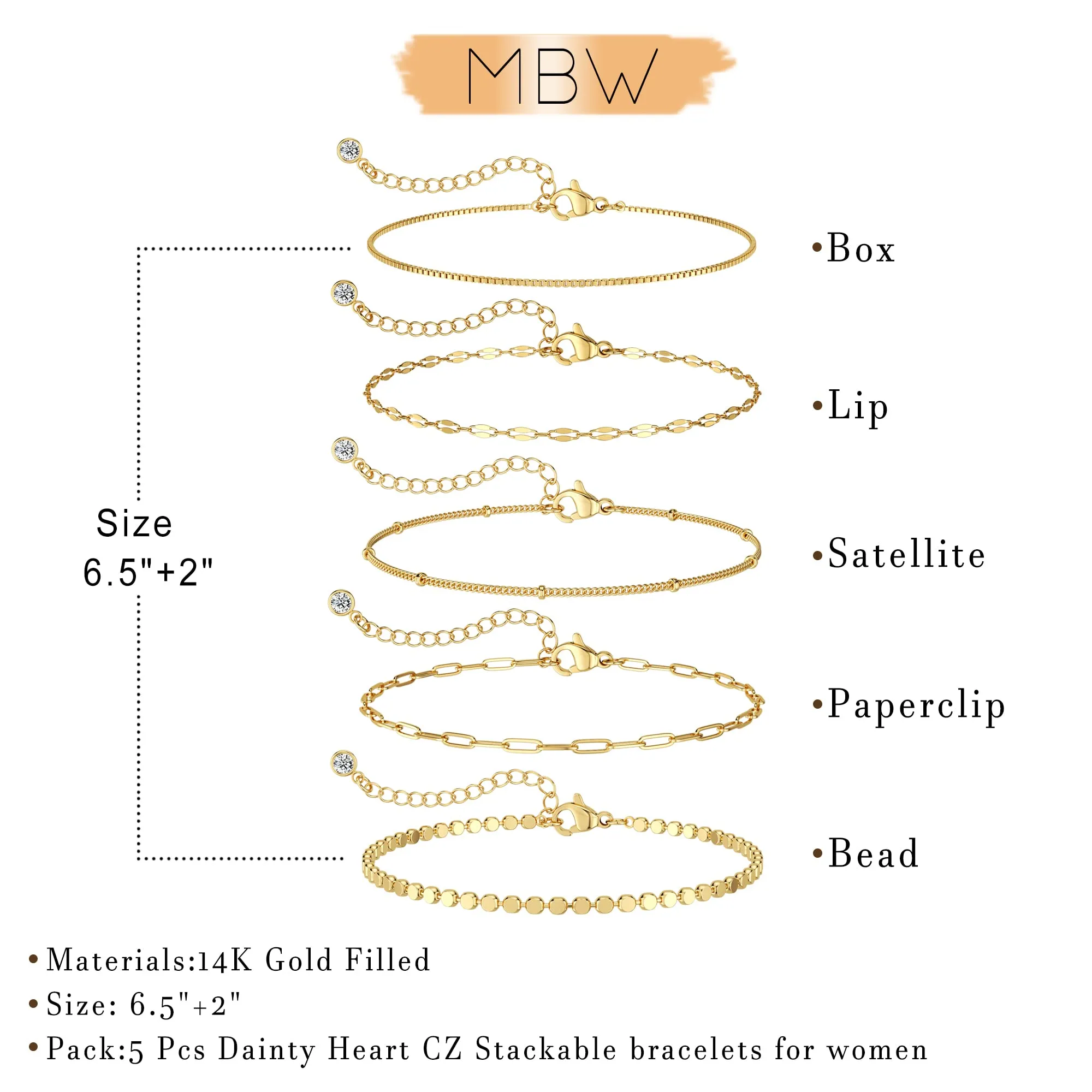 MBW Gold Bracelets for Women Trendy, Dainty 14K Gold Plated Bracelet Stack Beaded Chain Bracelet Set Thin Small Cute Paperclip Bracelets Fashion Waterproof Jewelry Gift Gold Accessories for Women