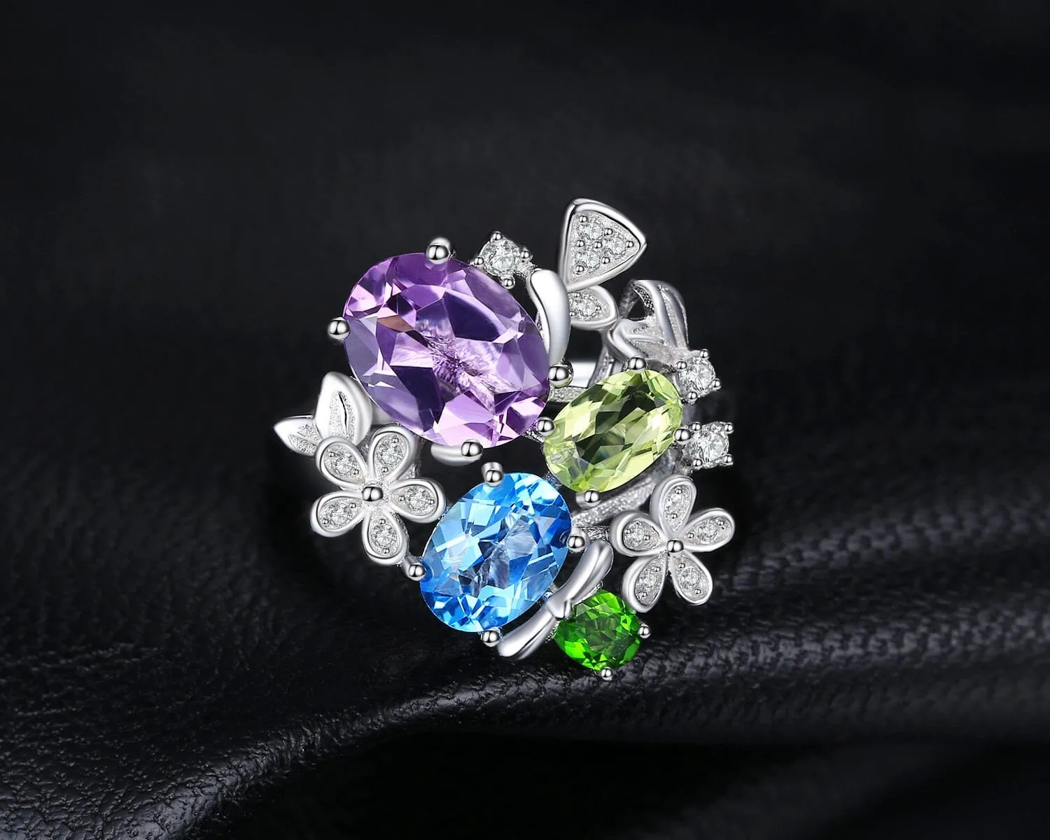 Peridot, Amethyst, & Blue Topaz Resizable 925 Sterling Silver Cocktail Ring