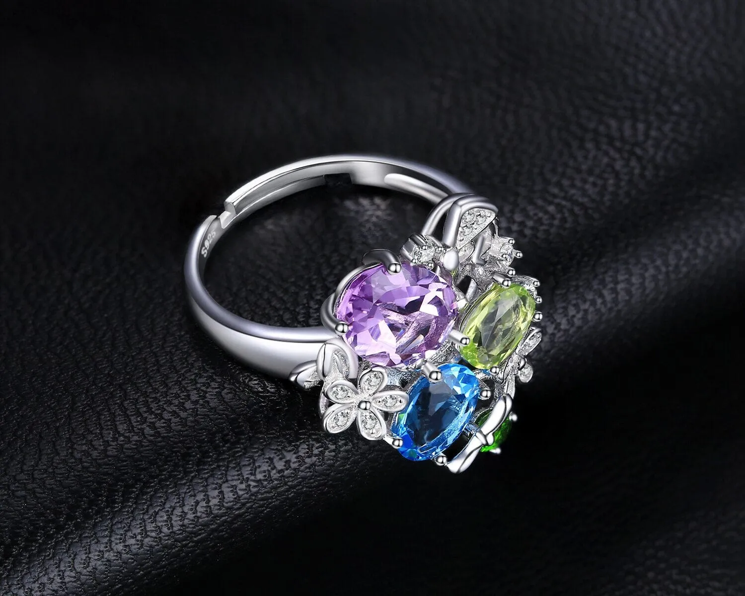 Peridot, Amethyst, & Blue Topaz Resizable 925 Sterling Silver Cocktail Ring