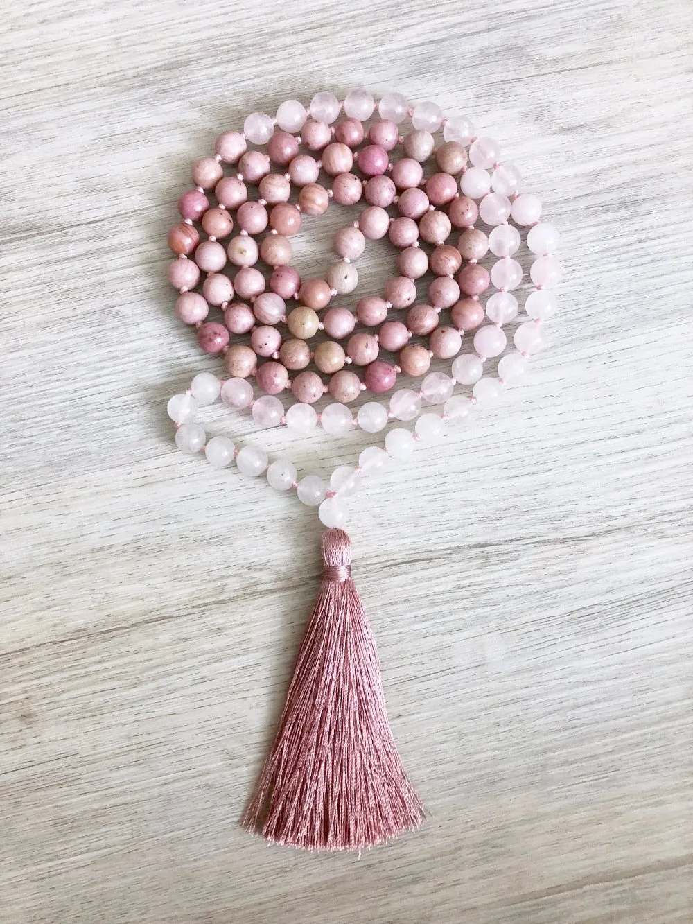 Rose Quartz Necklace 108 Mala Beads Necklace Hand Knotted Necklaces Teasel Necklaces Prayer Meditation Beads