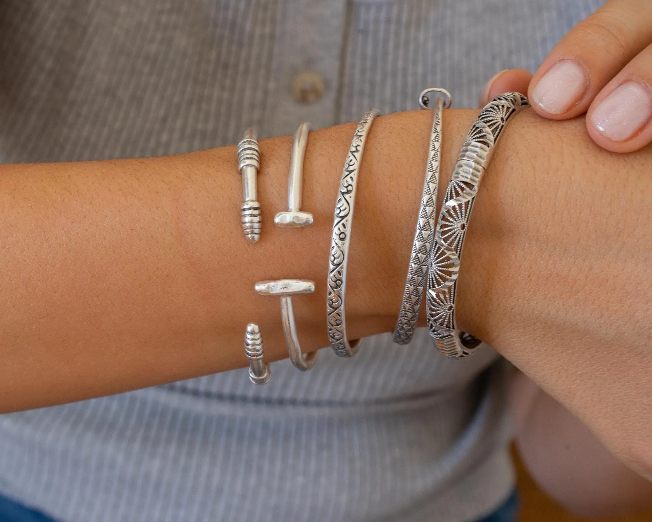 Silver Perforated Floral Bangle Bracelet