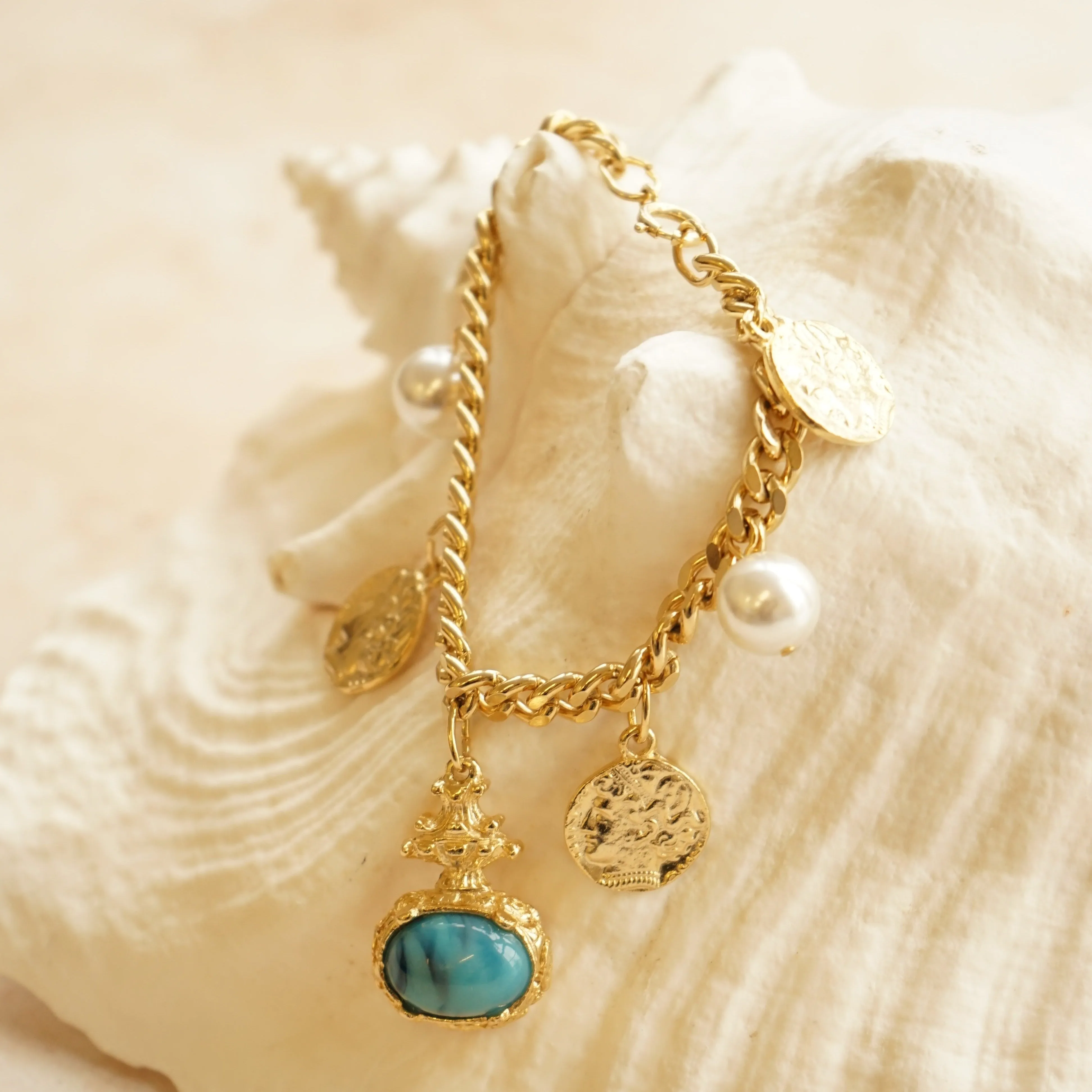 Vintage Statement Stone & Coin Charm Bracelet - Turquoise